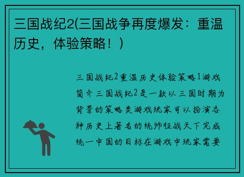 三国战纪2(三国战争再度爆发：重温历史，体验策略！)